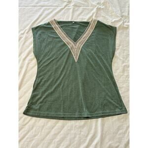 Green Knit V-Neck Top with Crochet Trim – Size L